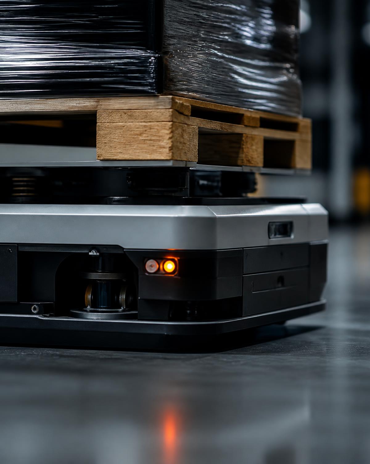 Autonomous mobile robot carrying a wrapped pallet across the warehouse floor